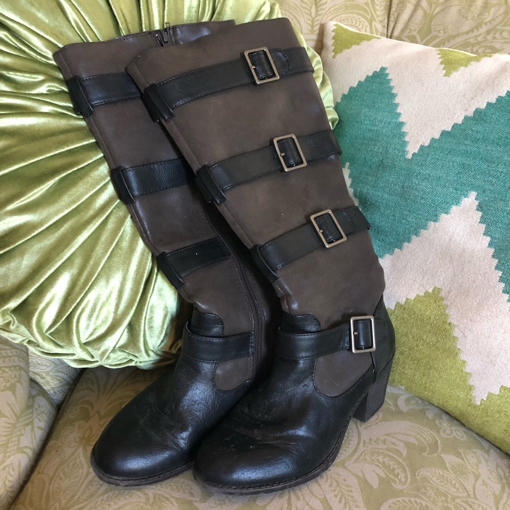 Brown and black buckled boots, size 6.5